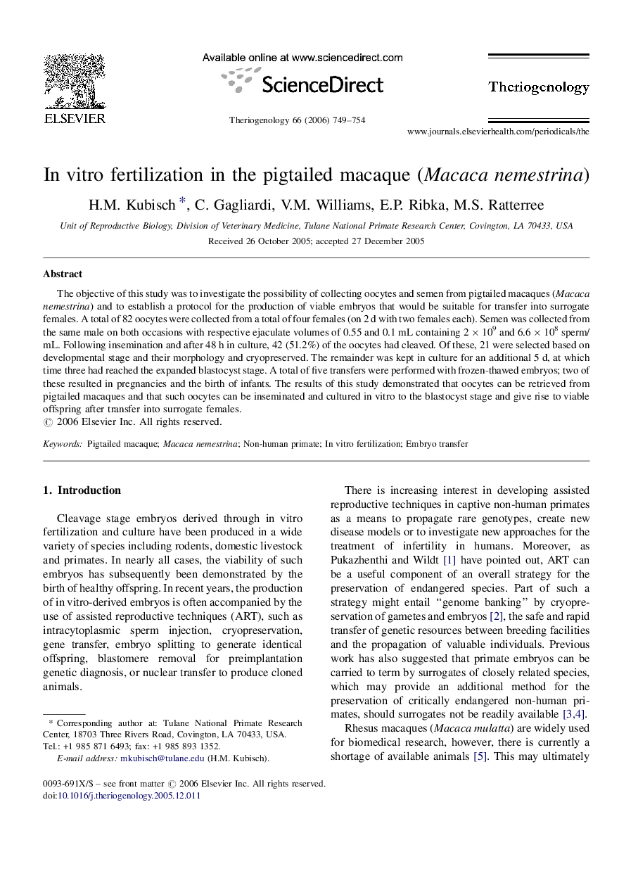 In vitro fertilization in the pigtailed macaque (Macaca nemestrina)