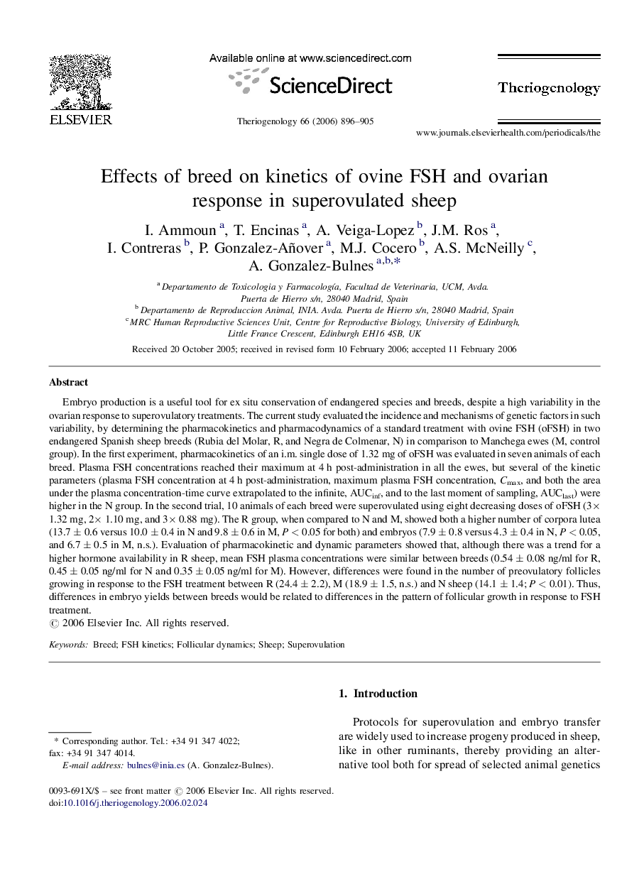 Effects of breed on kinetics of ovine FSH and ovarian response in superovulated sheep