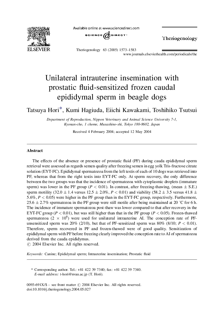 Unilateral intrauterine insemination with prostatic fluid-sensitized frozen caudal epididymal sperm in beagle dogs