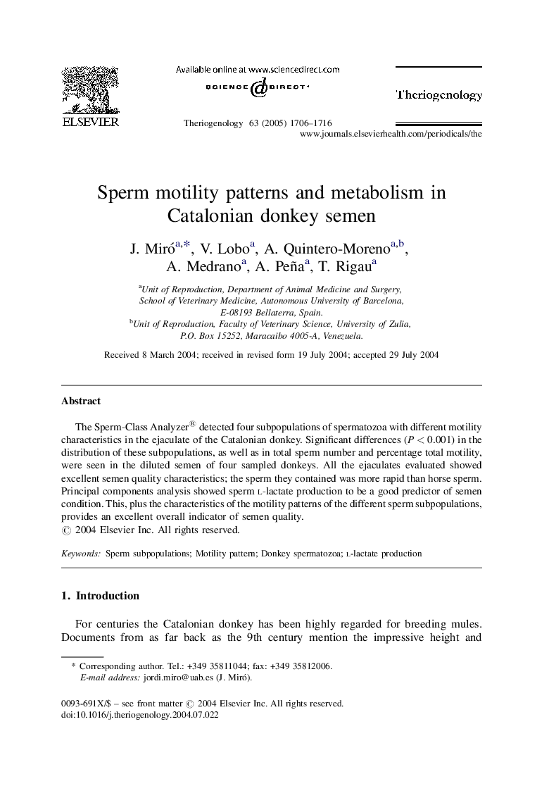 Sperm motility patterns and metabolism in Catalonian donkey semen