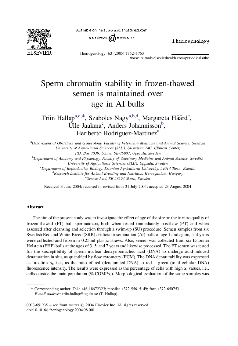 Sperm chromatin stability in frozen-thawed semen is maintained over age in AI bulls