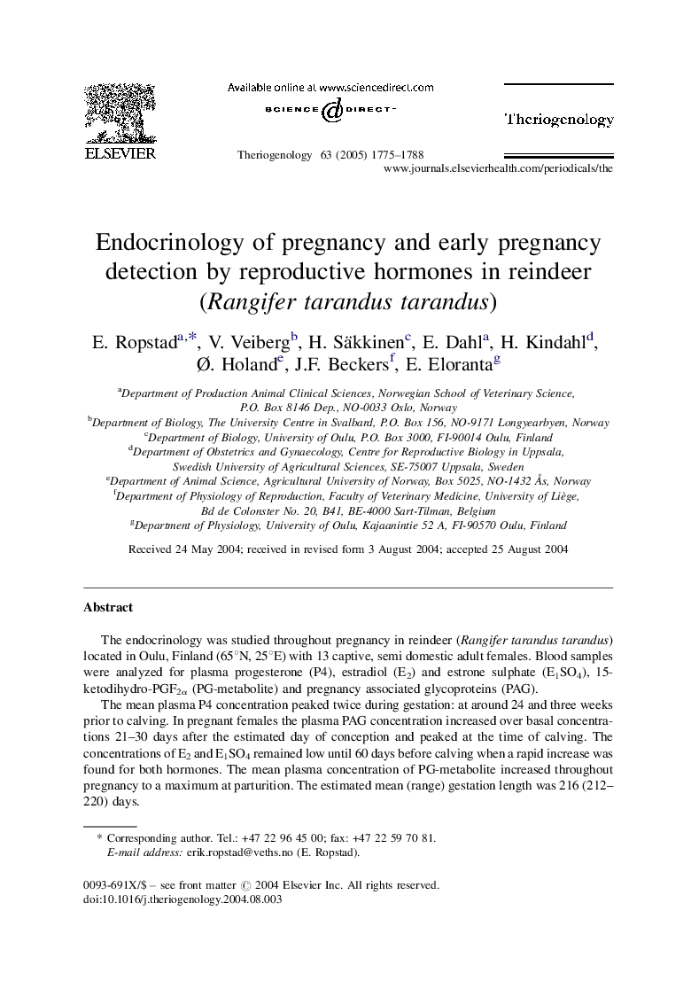 Endocrinology of pregnancy and early pregnancy detection by reproductive hormones in reindeer (Rangifer tarandus tarandus)