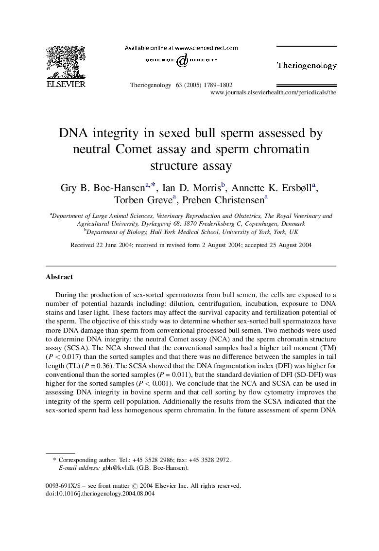 DNA integrity in sexed bull sperm assessed by neutral Comet assay and sperm chromatin structure assay