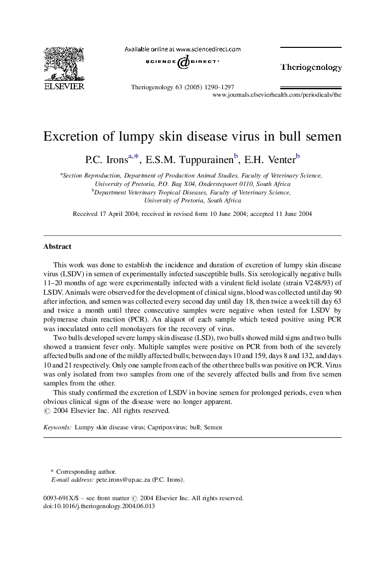 Excretion of lumpy skin disease virus in bull semen