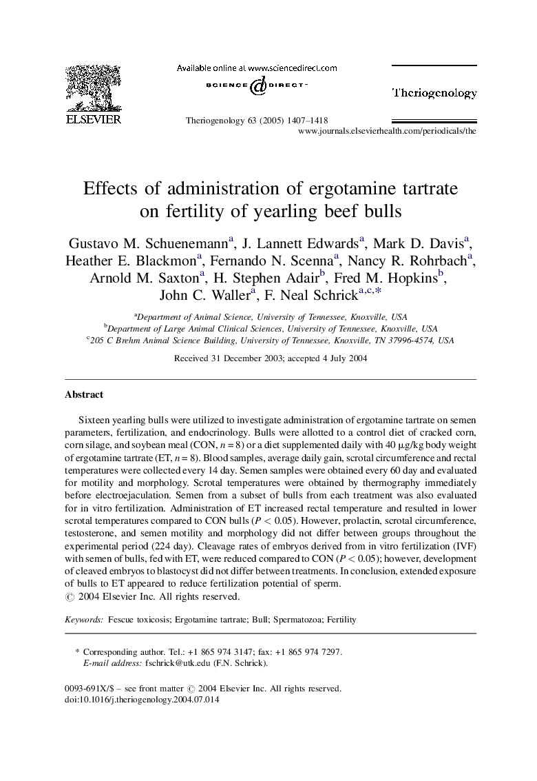 Effects of administration of ergotamine tartrate on fertility of yearling beef bulls