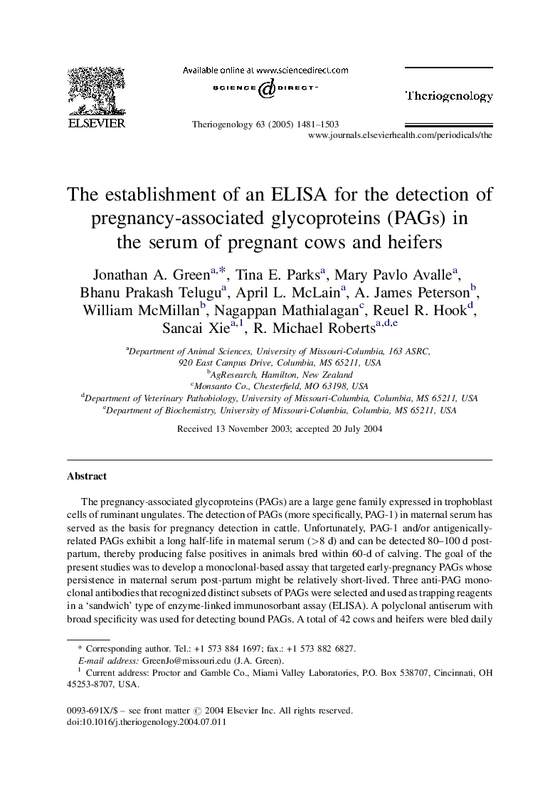 The establishment of an ELISA for the detection of pregnancy-associated glycoproteins (PAGs) in the serum of pregnant cows and heifers