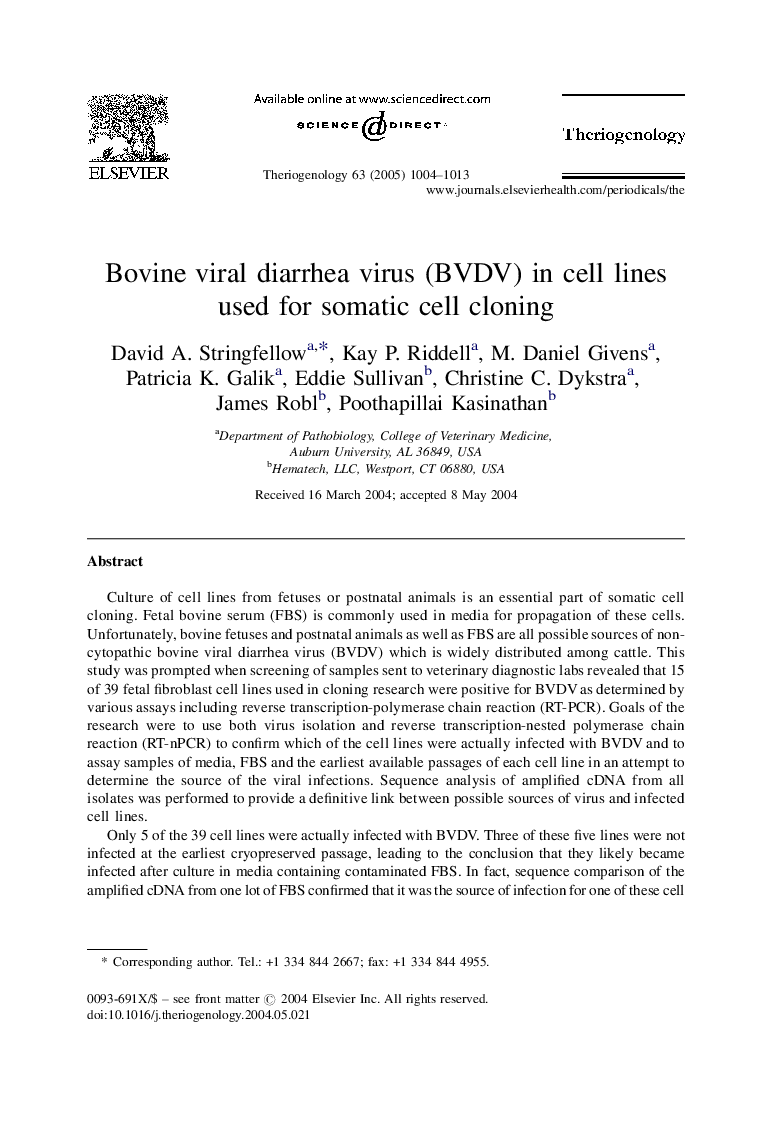 Bovine viral diarrhea virus (BVDV) in cell lines used for somatic cell cloning