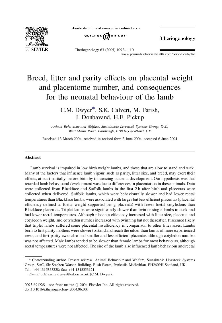 Breed, litter and parity effects on placental weight and placentome number, and consequences for the neonatal behaviour of the lamb