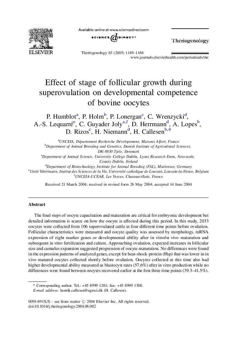 Effect of stage of follicular growth during superovulation on developmental competence of bovine oocytes