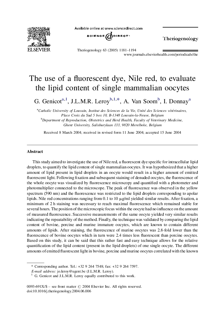 The use of a fluorescent dye, Nile red, to evaluate the lipid content of single mammalian oocytes