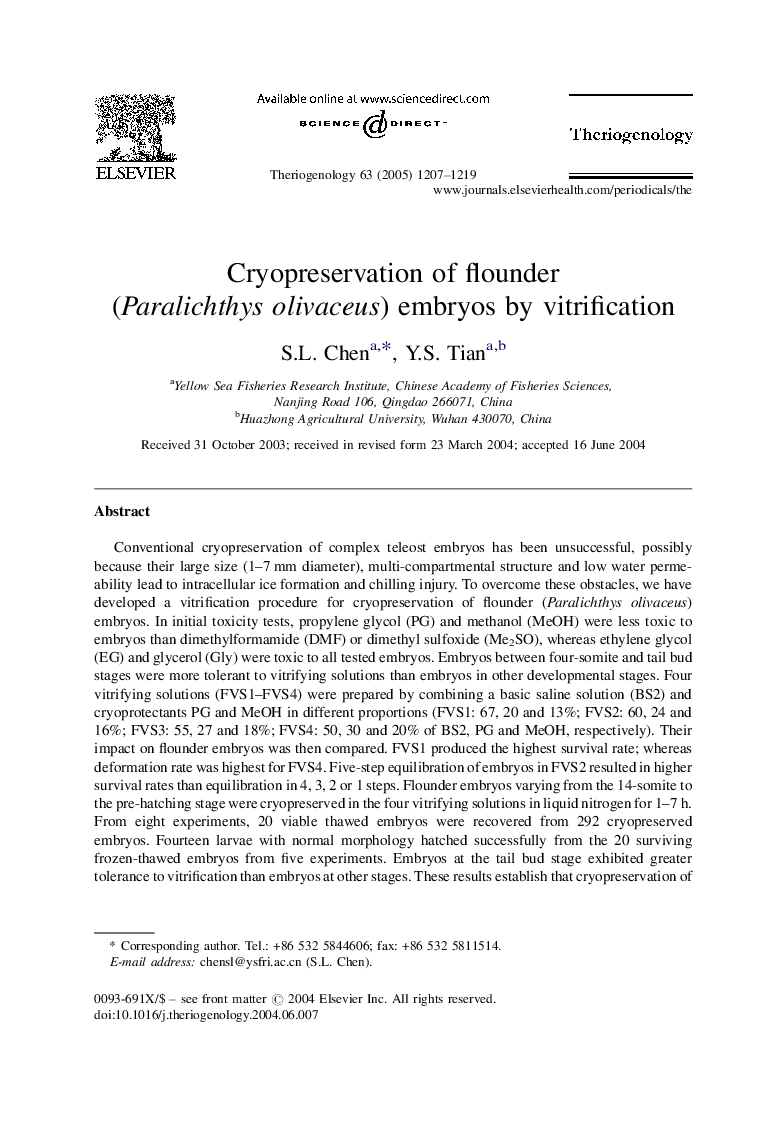 Cryopreservation of flounder (Paralichthys olivaceus) embryos by vitrification