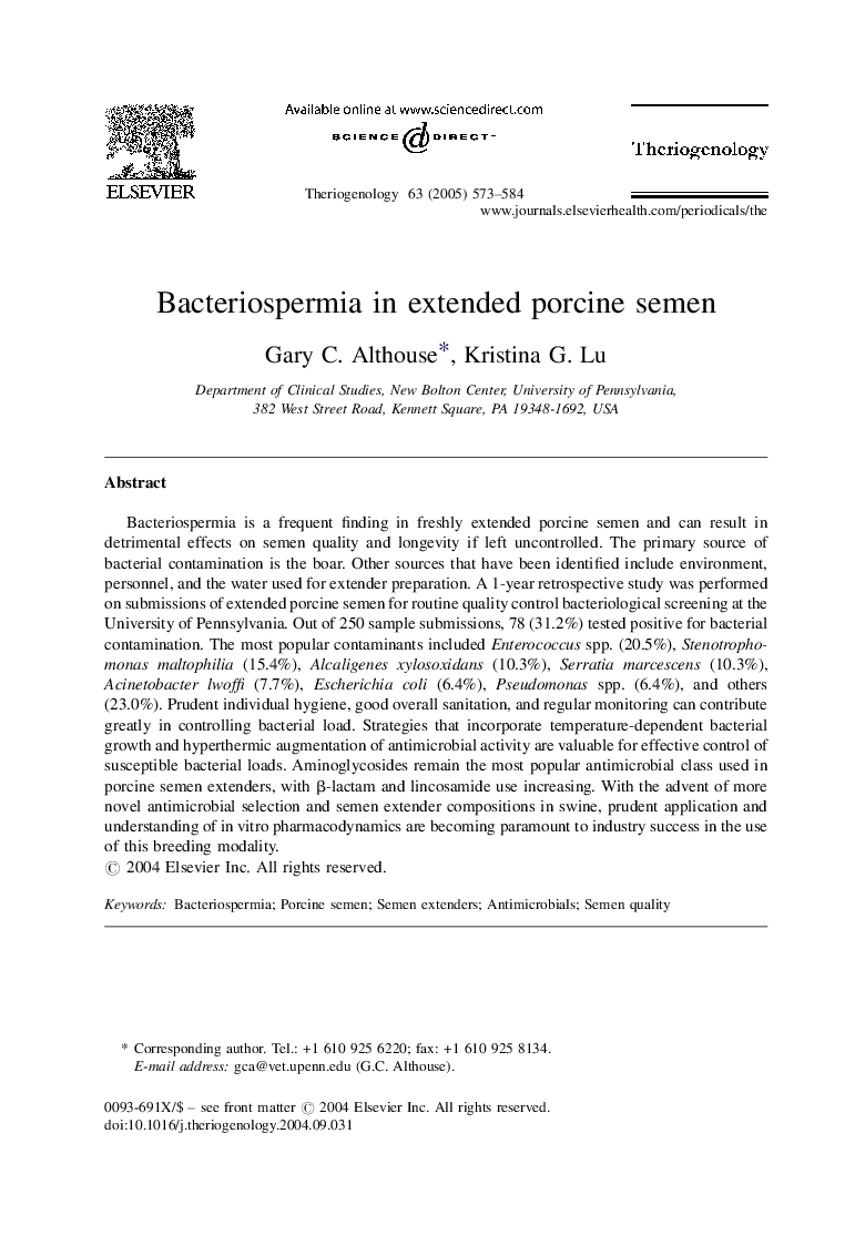 Bacteriospermia in extended porcine semen