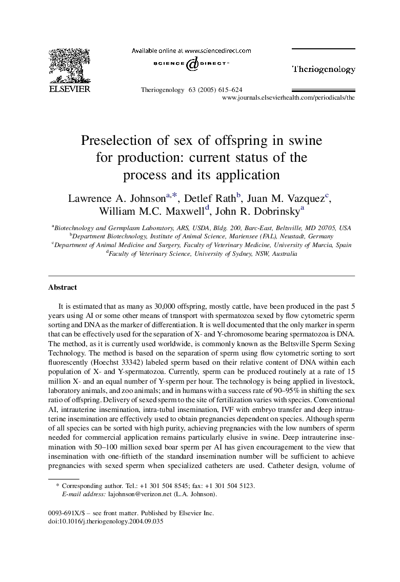 Preselection of sex of offspring in swine for production: current status of the process and its application