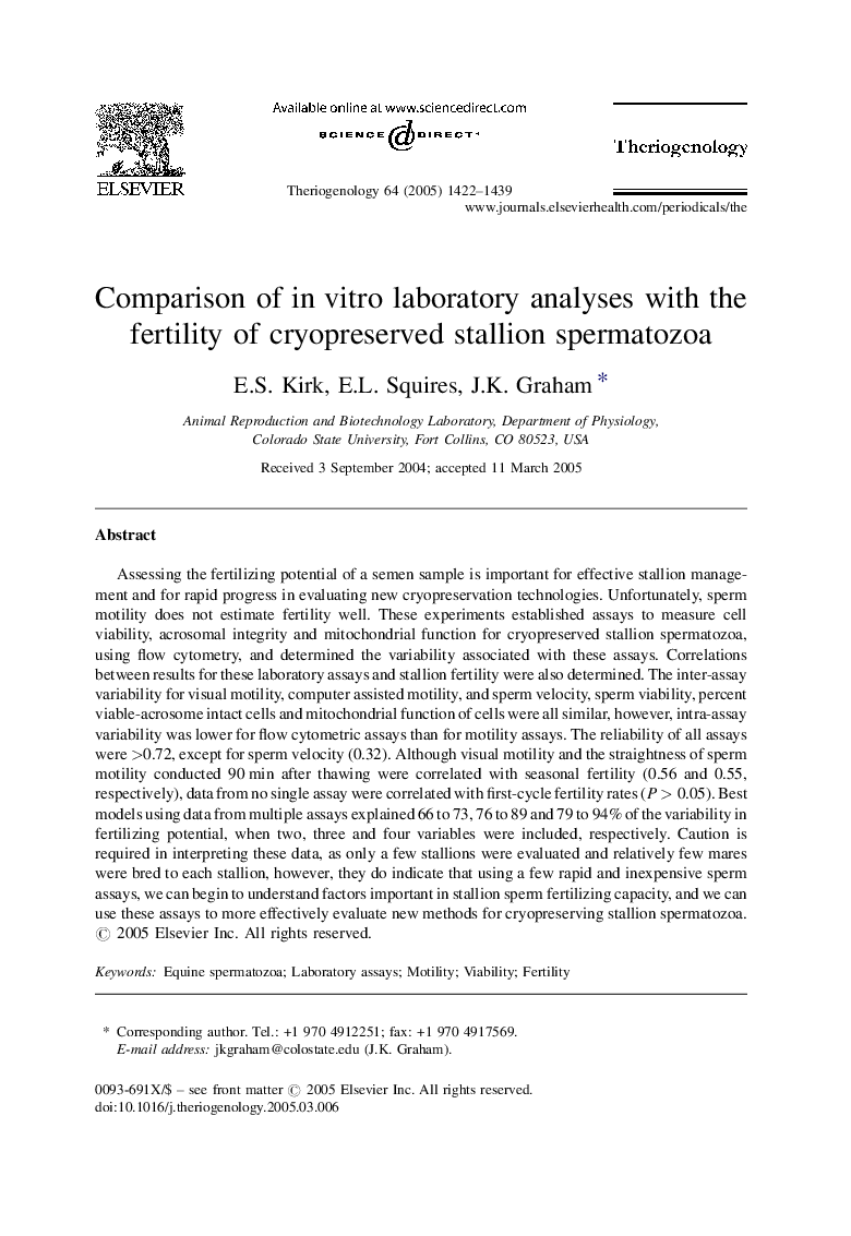 Comparison of in vitro laboratory analyses with the fertility of cryopreserved stallion spermatozoa
