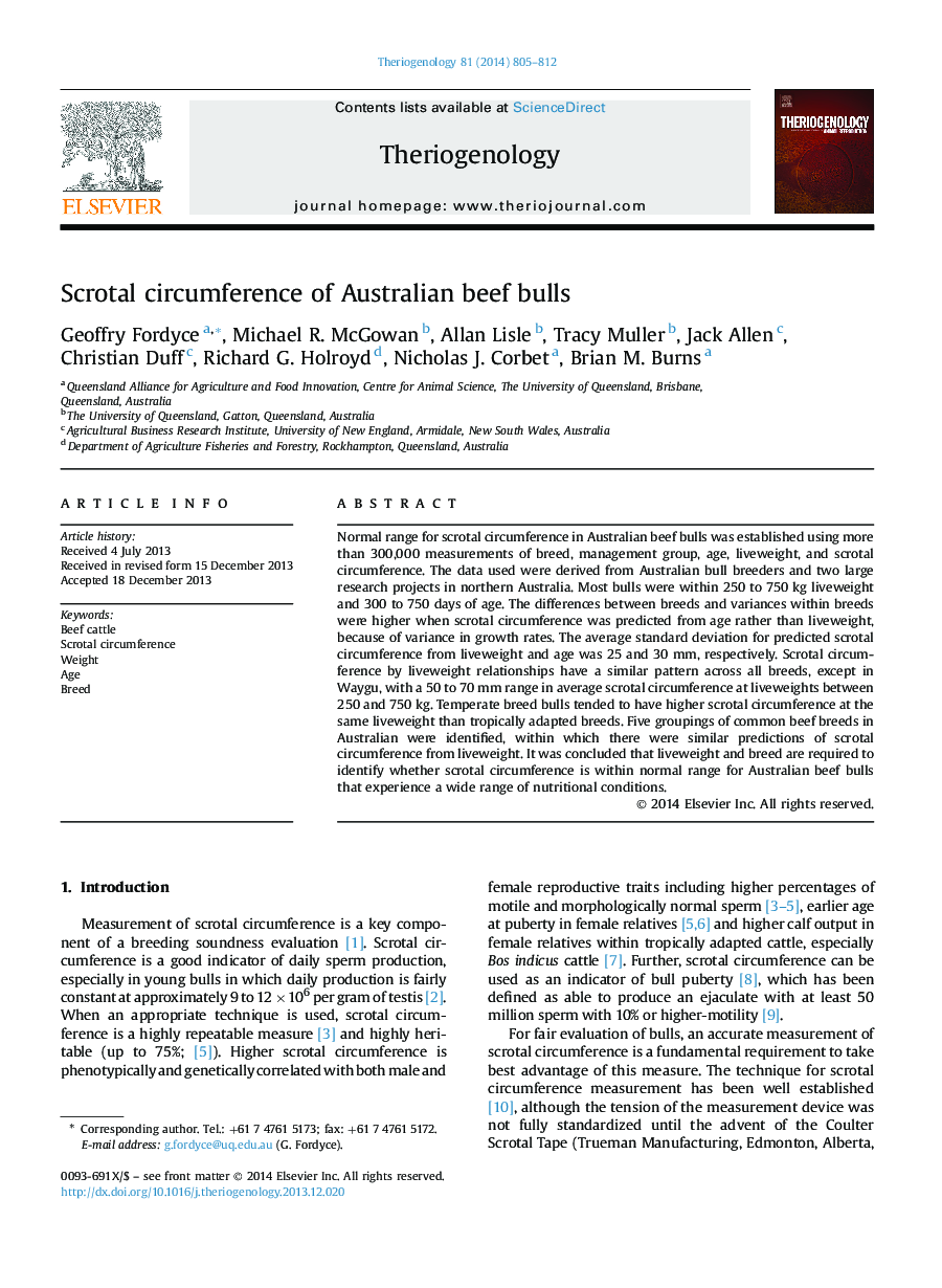 Scrotal circumference of Australian beef bulls