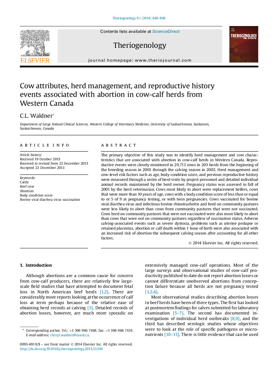 Cow attributes, herd management, and reproductive history events associated with abortion in cow-calf herds from Western Canada