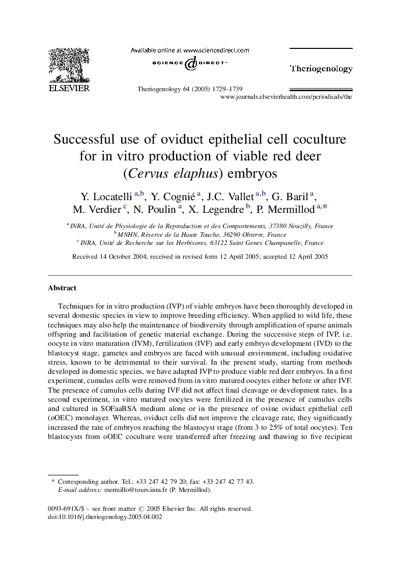 Successful use of oviduct epithelial cell coculture for in vitro production of viable red deer (Cervus elaphus) embryos