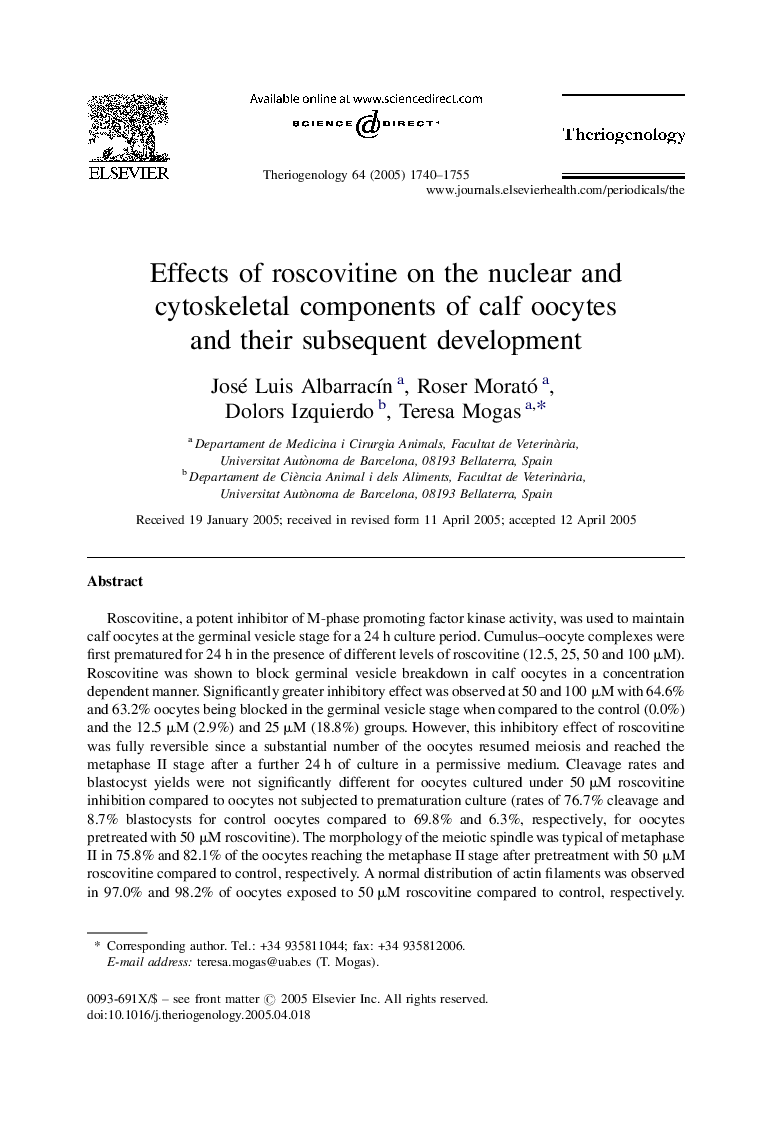 Effects of roscovitine on the nuclear and cytoskeletal components of calf oocytes and their subsequent development