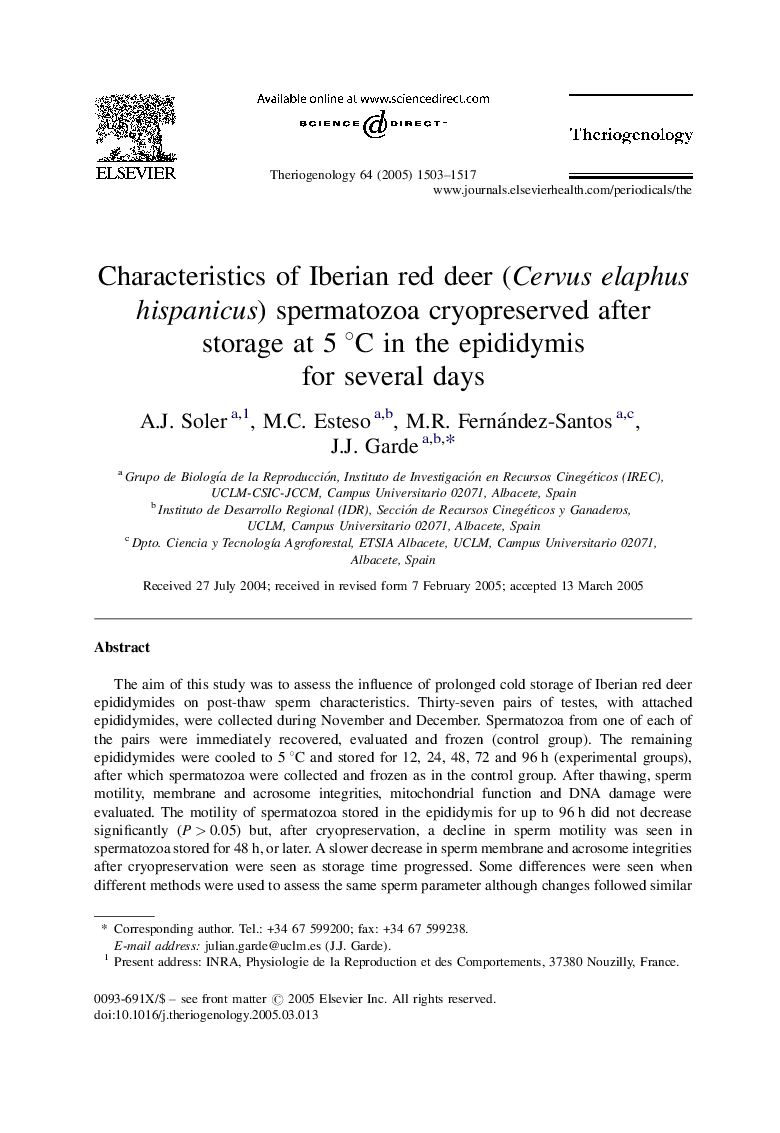 Characteristics of Iberian red deer (Cervus elaphus hispanicus) spermatozoa cryopreserved after storage at 5Â Â°C in the epididymis for several days