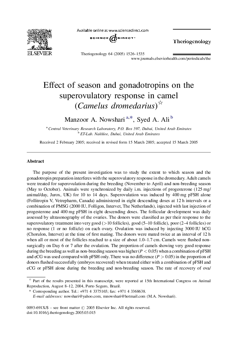 Effect of season and gonadotropins on the superovulatory response in camel (Camelus dromedarius)