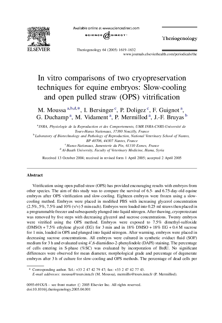 In vitro comparisons of two cryopreservation techniques for equine embryos: Slow-cooling and open pulled straw (OPS) vitrification