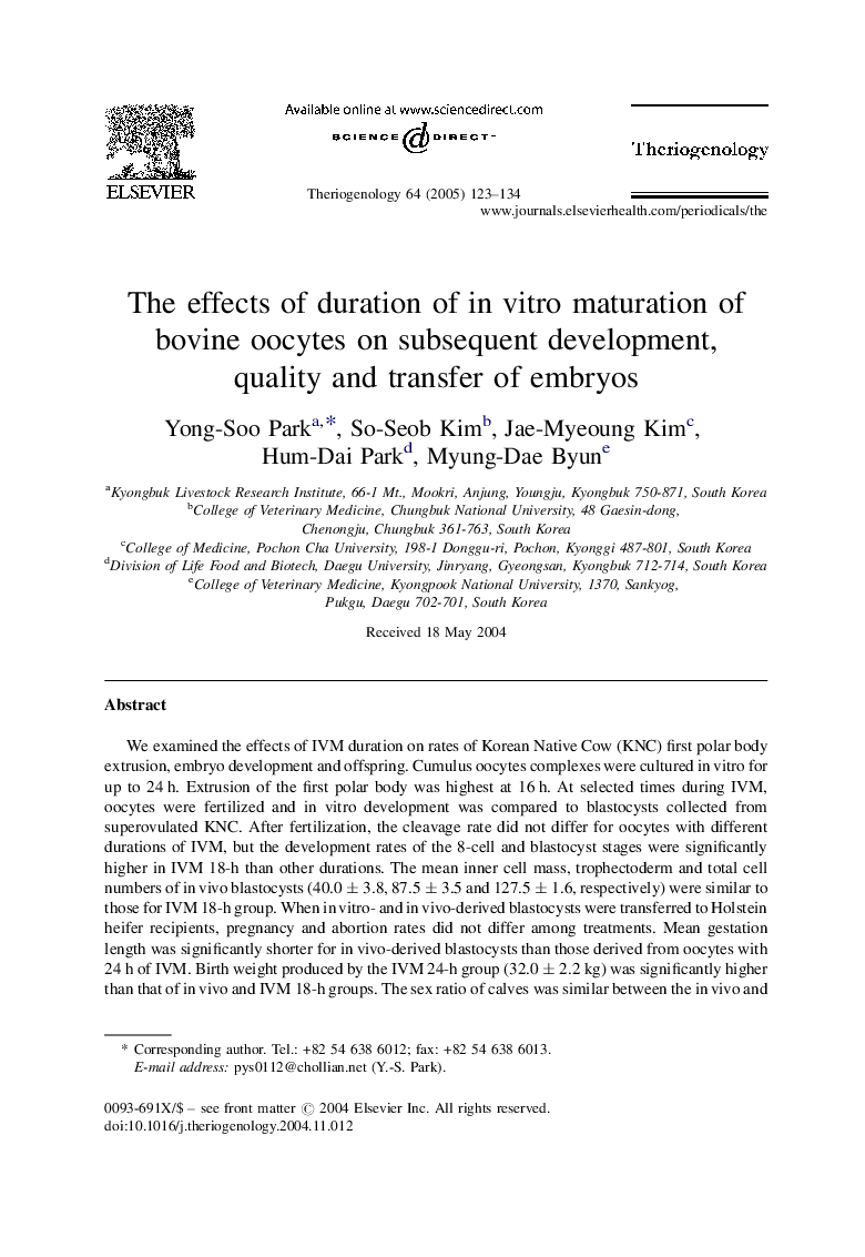 The effects of duration of in vitro maturation of bovine oocytes on subsequent development, quality and transfer of embryos