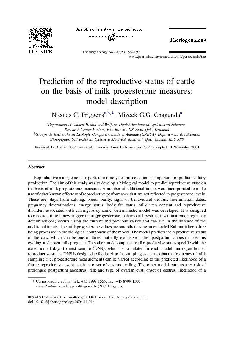 Prediction of the reproductive status of cattle on the basis of milk progesterone measures: model description