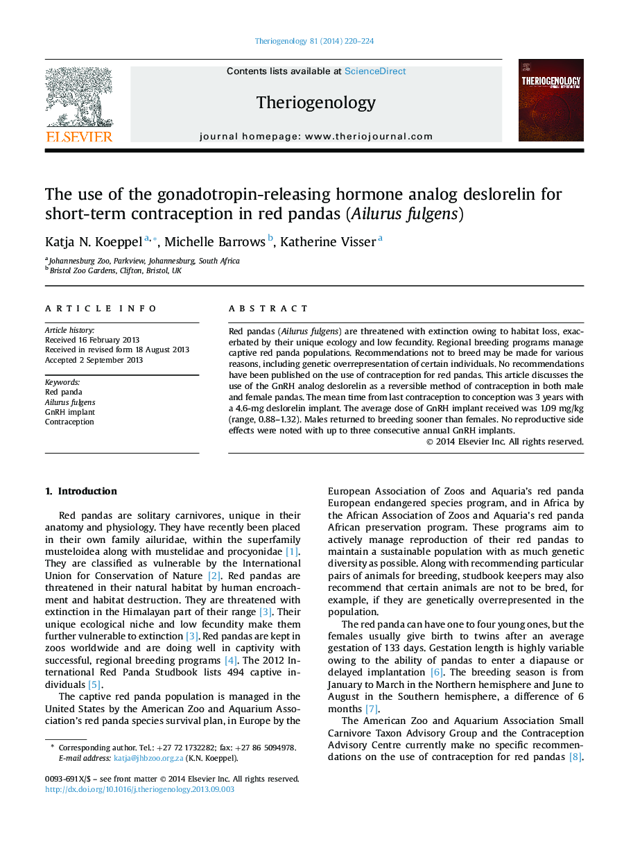 The use of the gonadotropin-releasing hormone analog deslorelin for short-term contraception in red pandas (Ailurus fulgens)