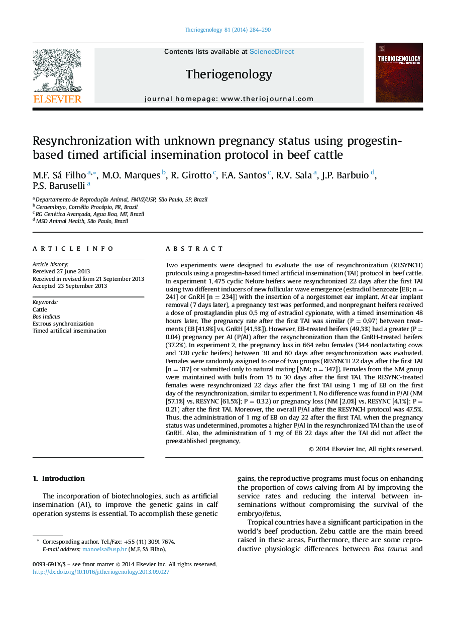 Resynchronization with unknown pregnancy status using progestin-based timed artificial insemination protocol in beef cattle