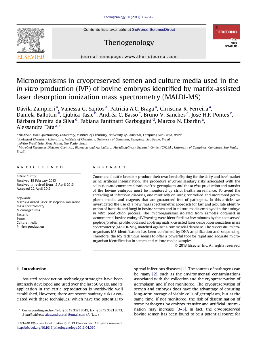 Microorganisms in cryopreserved semen and culture media used in the inÂ vitro production (IVP) of bovine embryos identified by matrix-assisted laser desorption ionization mass spectrometry (MALDI-MS)