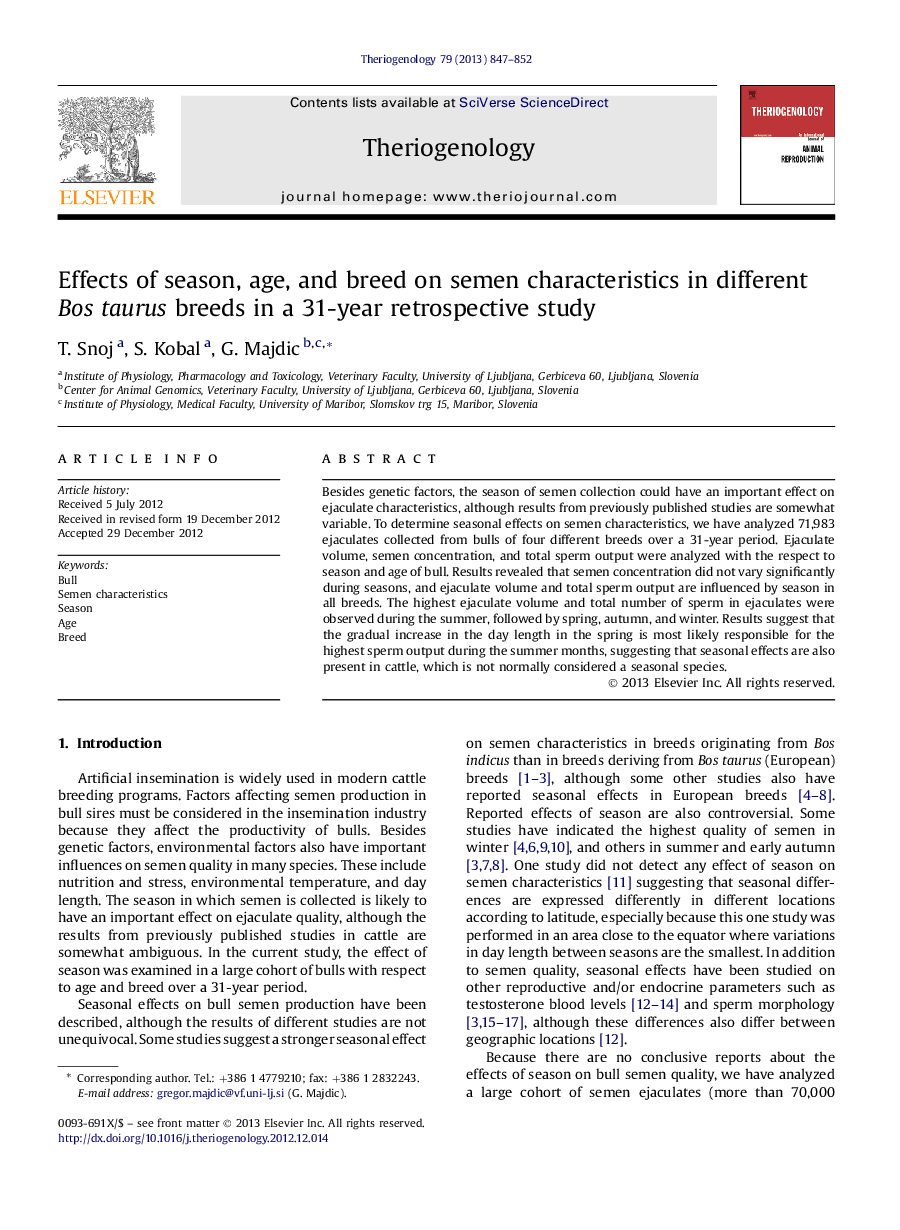 Effects of season, age, and breed on semen characteristics in different BosÂ taurus breeds in a 31-year retrospective study