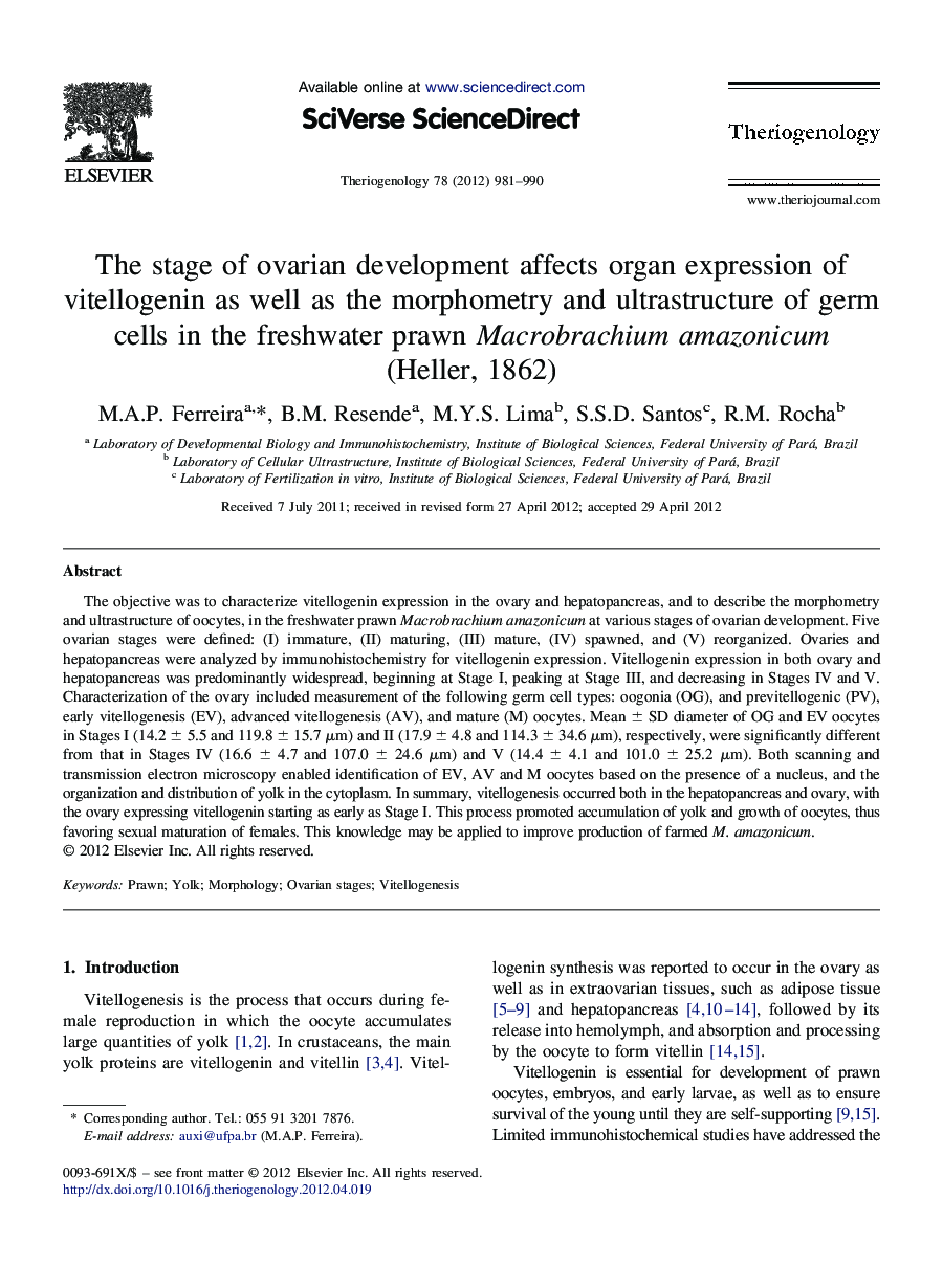 The stage of ovarian development affects organ expression of vitellogenin as well as the morphometry and ultrastructure of germ cells in the freshwater prawn Macrobrachium amazonicum (Heller, 1862)