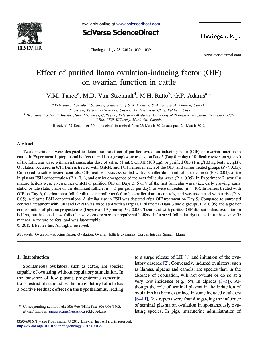 Effect of purified llama ovulation-inducing factor (OIF) on ovarian function in cattle