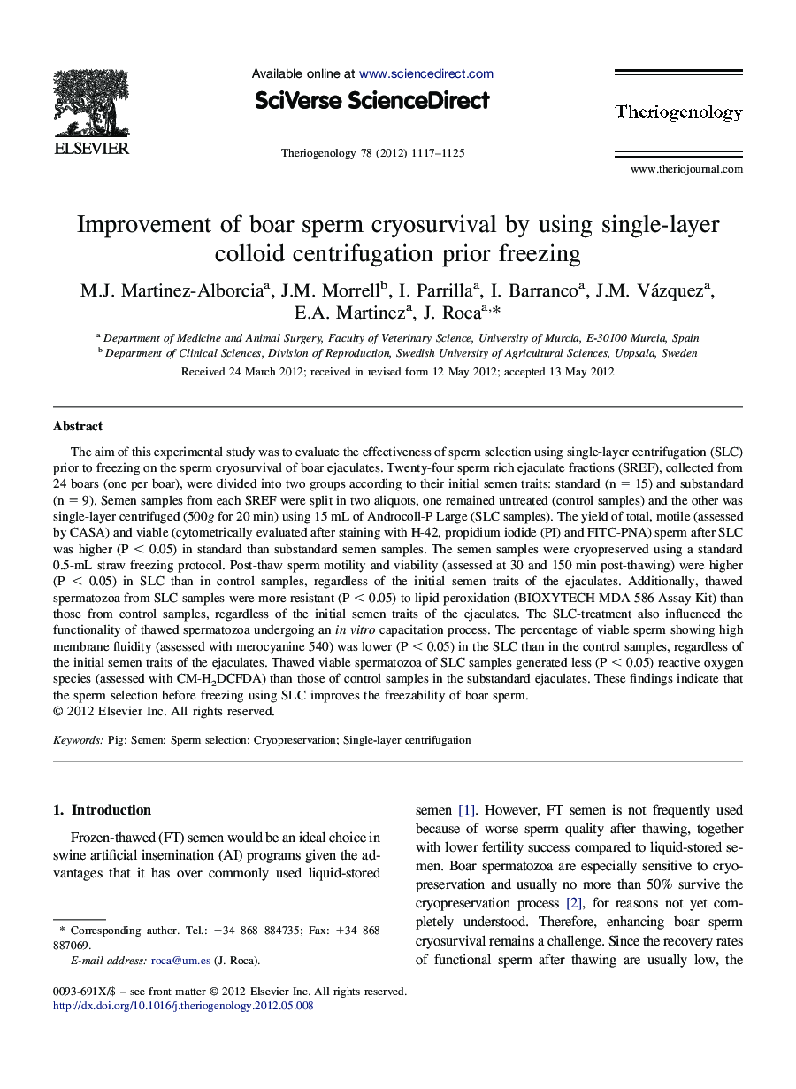 Improvement of boar sperm cryosurvival by using single-layer colloid centrifugation prior freezing