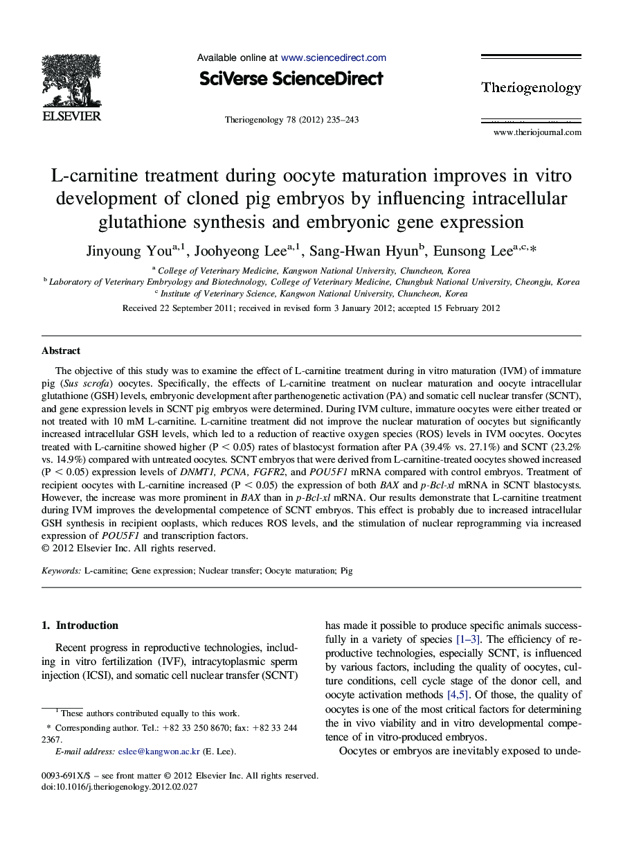 L-carnitine treatment during oocyte maturation improves in vitro development of cloned pig embryos by influencing intracellular glutathione synthesis and embryonic gene expression