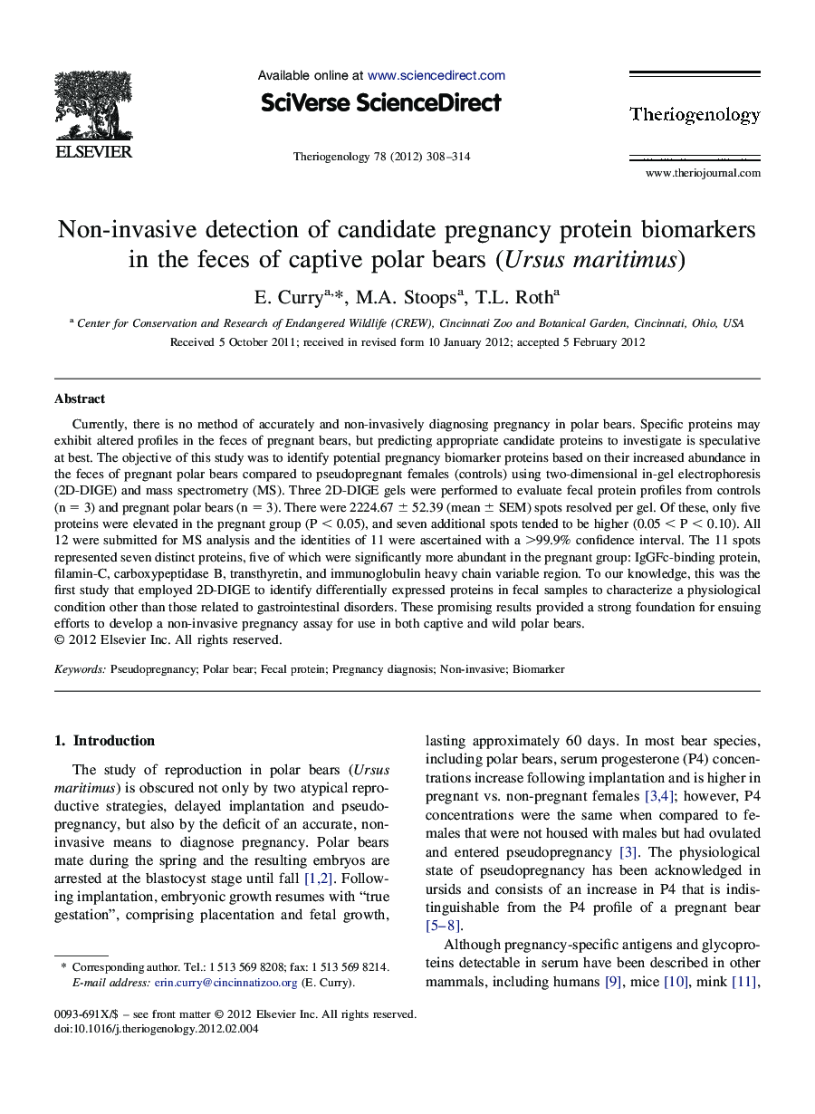 Non-invasive detection of candidate pregnancy protein biomarkers in the feces of captive polar bears (Ursus maritimus)