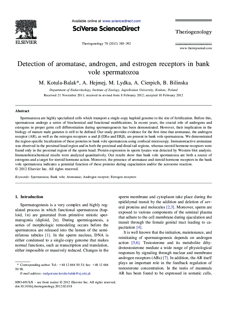 Detection of aromatase, androgen, and estrogen receptors in bank vole spermatozoa