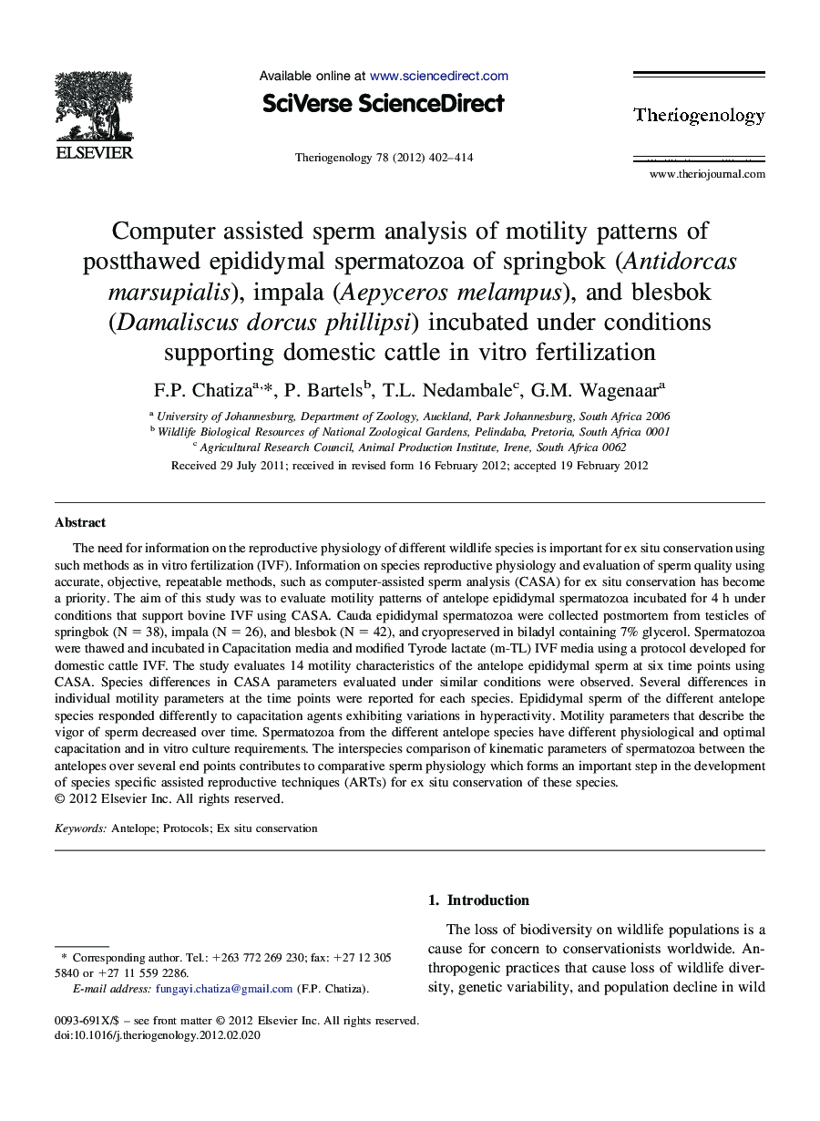 Computer assisted sperm analysis of motility patterns of postthawed epididymal spermatozoa of springbok (Antidorcas marsupialis), impala (Aepyceros melampus), and blesbok (Damaliscus dorcus phillipsi) incubated under conditions supporting domestic cattle 