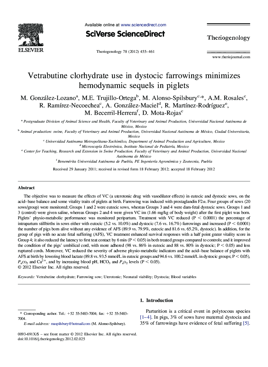 Vetrabutine clorhydrate use in dystocic farrowings minimizes hemodynamic sequels in piglets