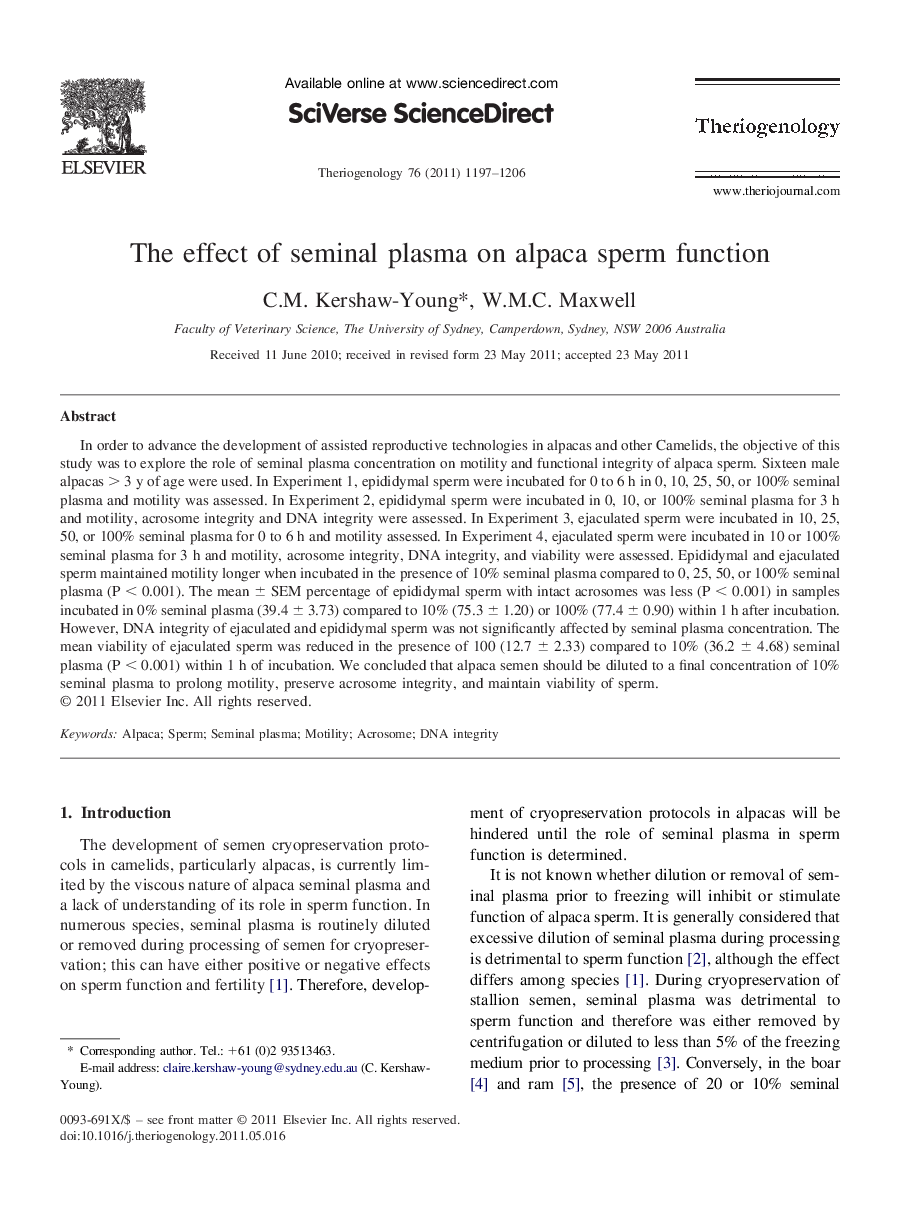The effect of seminal plasma on alpaca sperm function