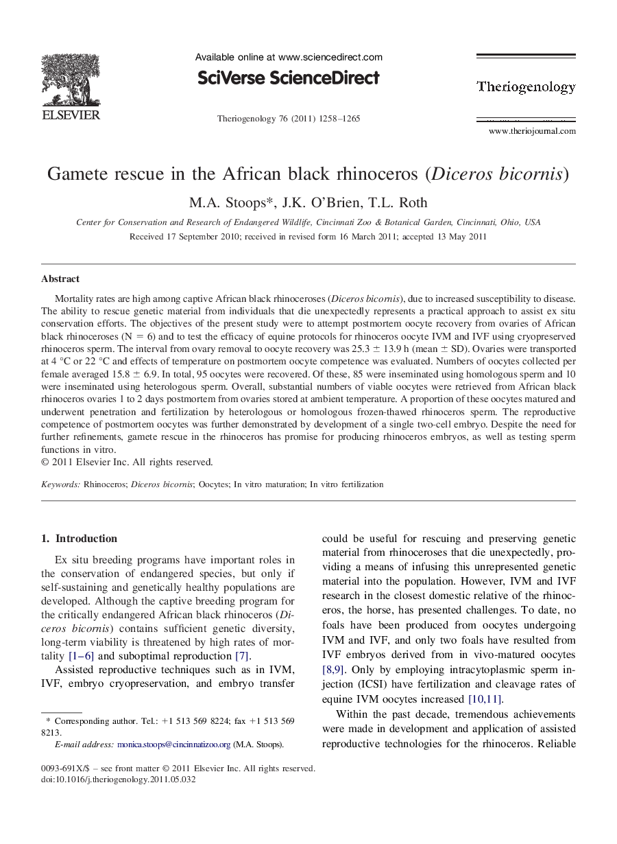 Gamete rescue in the African black rhinoceros (Diceros bicornis)