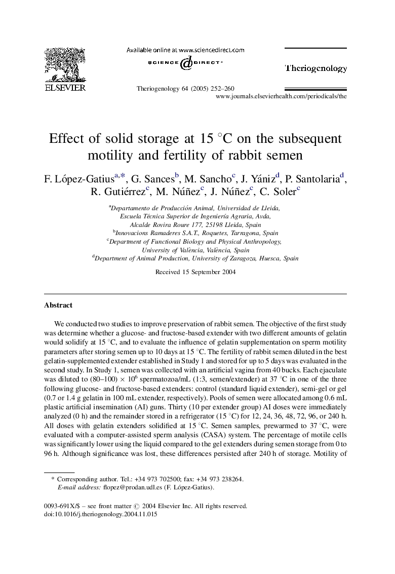 Effect of solid storage at 15Â Â°C on the subsequent motility and fertility of rabbit semen