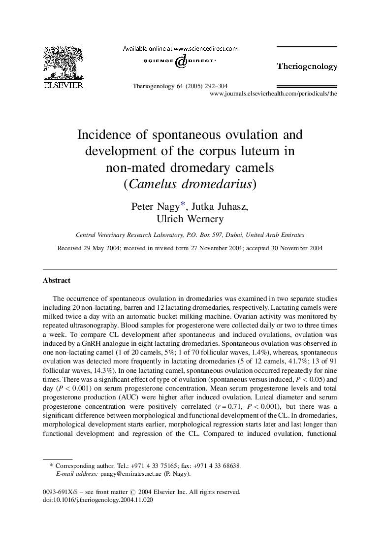 Incidence of spontaneous ovulation and development of the corpus luteum in non-mated dromedary camels (Camelus dromedarius)