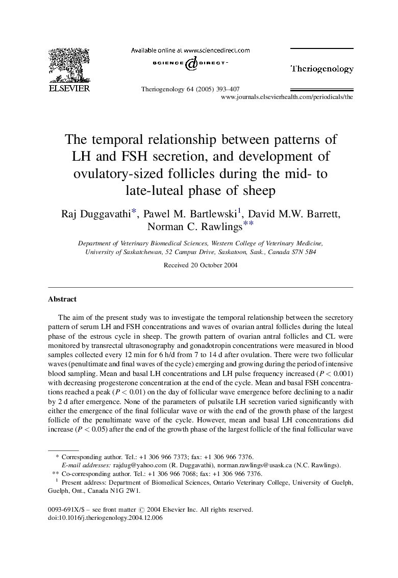 The temporal relationship between patterns of LH and FSH secretion, and development of ovulatory-sized follicles during the mid- to late-luteal phase of sheep