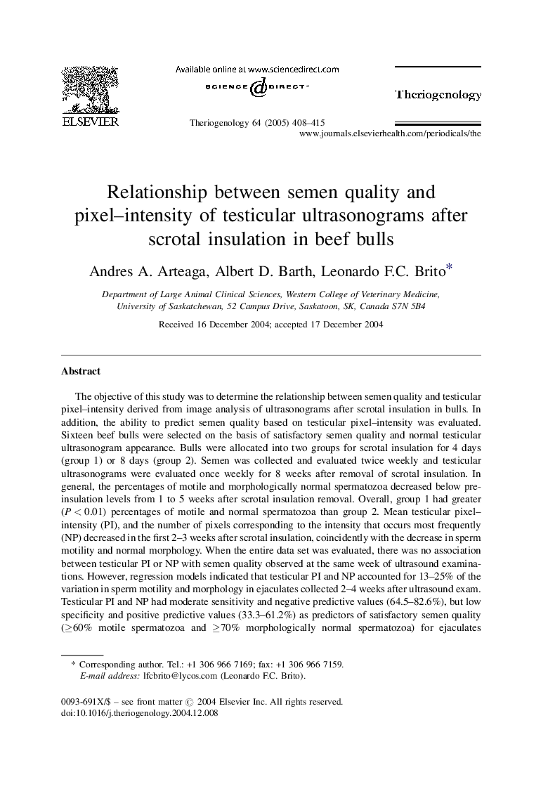 Relationship between semen quality and pixel-intensity of testicular ultrasonograms after scrotal insulation in beef bulls