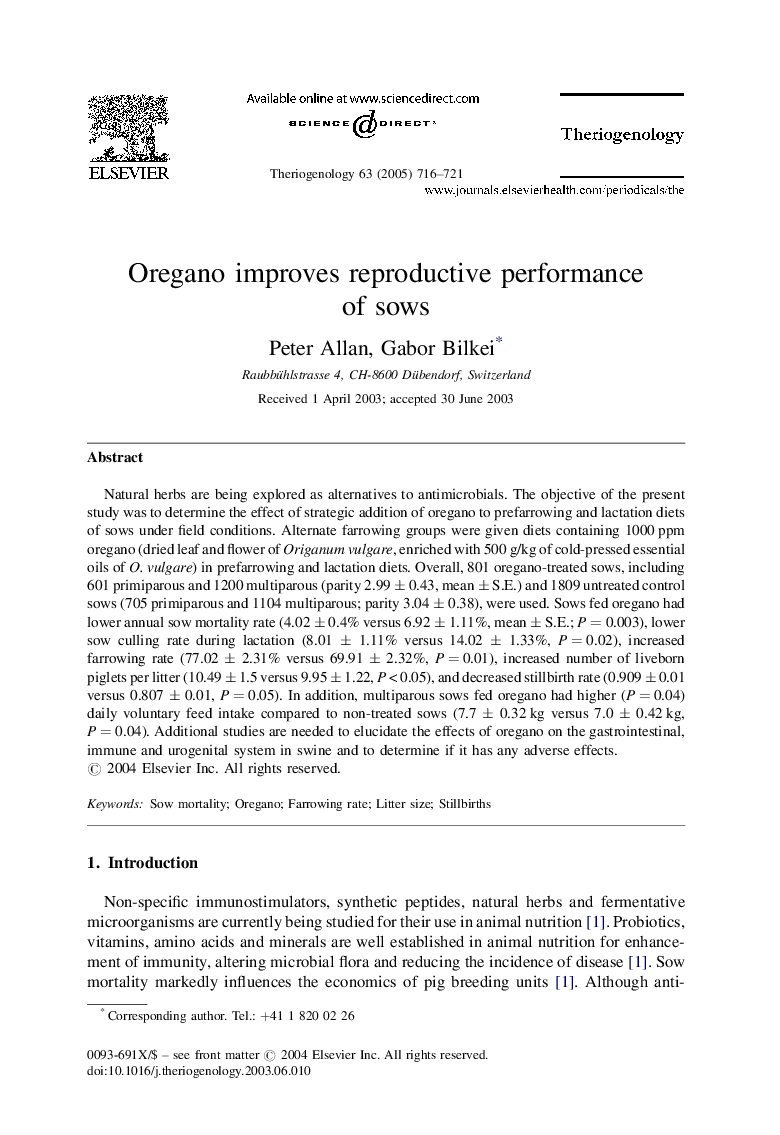 Oregano improves reproductive performance of sows