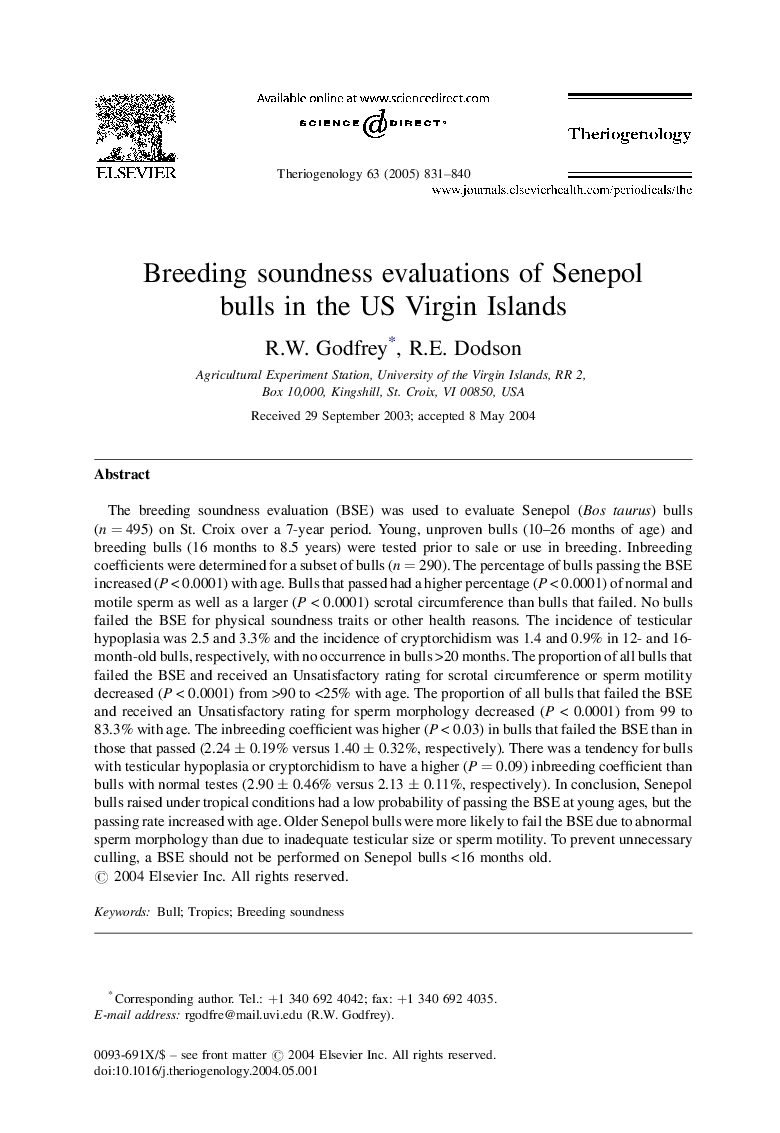 Breeding soundness evaluations of Senepol bulls in the US Virgin Islands