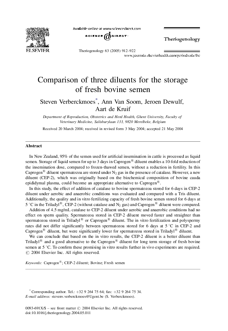 Comparison of three diluents for the storage of fresh bovine semen