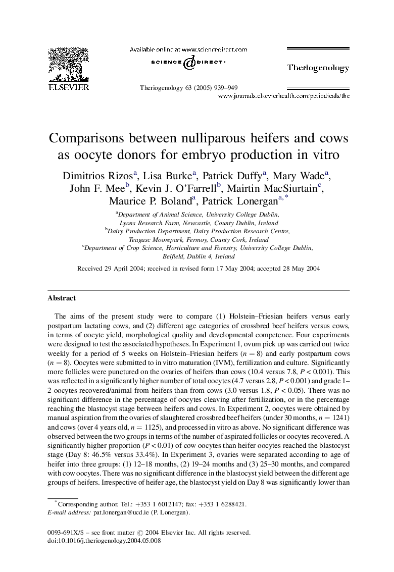 Comparisons between nulliparous heifers and cows as oocyte donors for embryo production in vitro