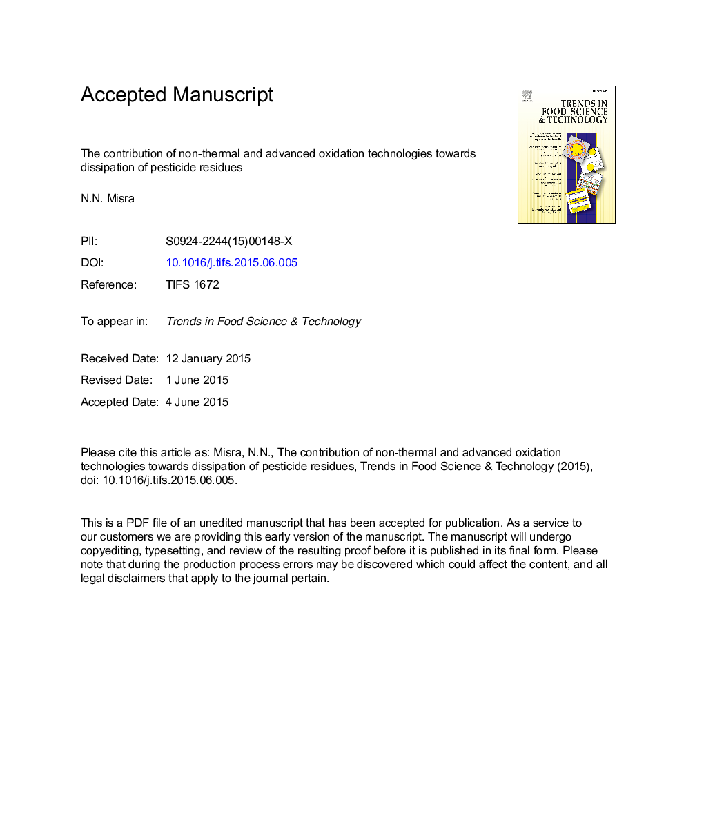 The contribution of non-thermal and advanced oxidation technologies towards dissipation of pesticide residues